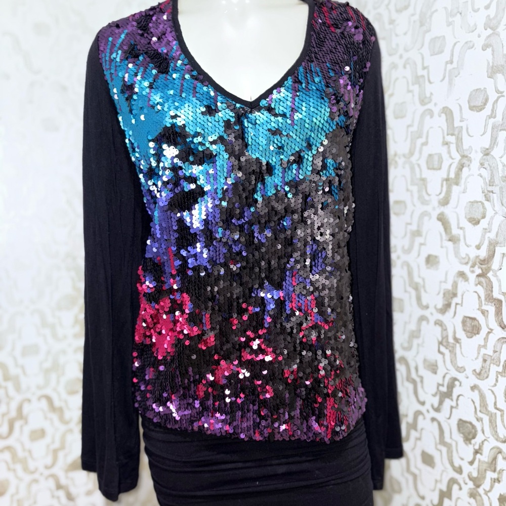 Ashley Stewart Sequin V-Neck Blouse - Black and Multicolor